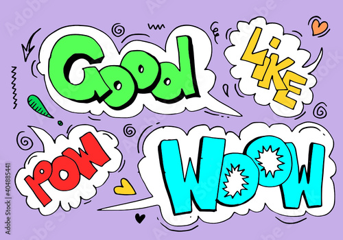 Handdrawn arrows  borders set with handwritten text good like pow woow. Vector icon.
