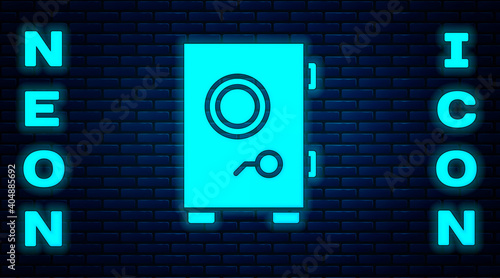 Glowing neon Safe icon isolated on brick wall background. The door safe a bank vault with a combination lock. Reliable Data Protection. Vector Illustration.