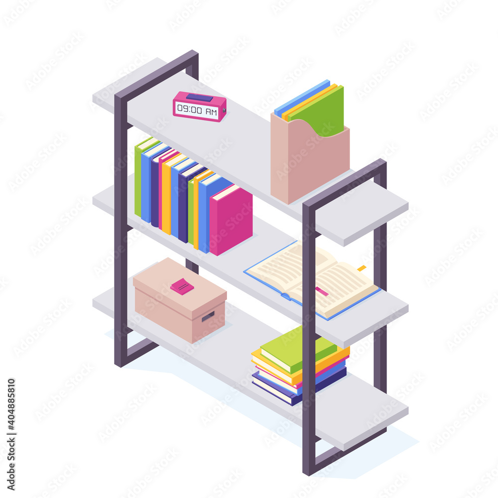 Books on shelf in isometric vector illustration. Books on shelf in isometric vector illustration.
