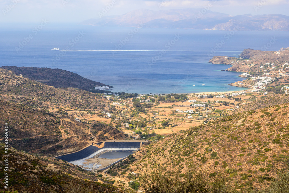 West coast of Ios and Mylopotas Bay with its popular beach. Cyclades, Greece