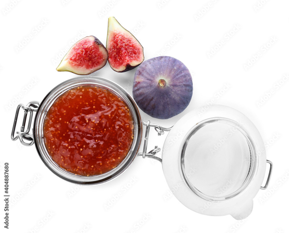 Homemade delicious fig jam and fresh fruits on white background, top view Homemade delicious fig jam and fresh fruits on white background, top view