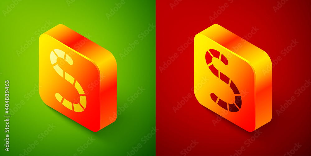 Isometric Worm icon isolated on green and red background. Fishing tackle. Square button. Vector.
