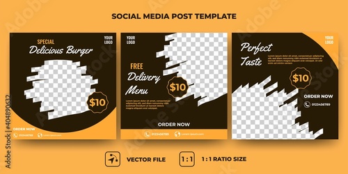 Set of Editable square banner design. Food social media post template. Black background with orange shape. Usable for social media, banner, and web internet ads. Flat design vector with photo collage