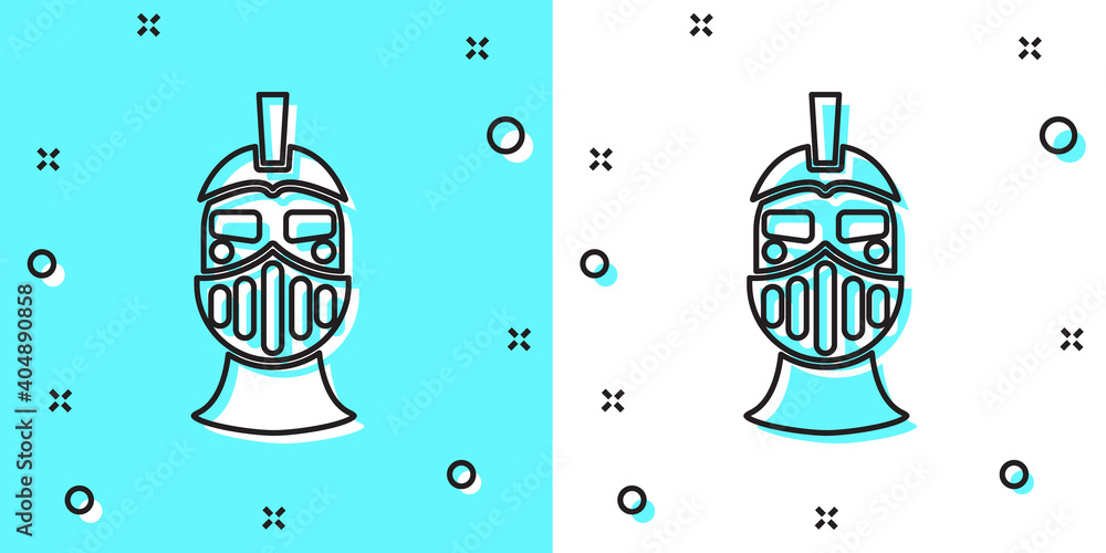 Black line Medieval iron helmet for head protection icon isolated on green and white background. Random dynamic shapes. Vector. Black line Medieval iron helmet for head protection icon isolated on green and white background. Random dynamic shapes. Vector.