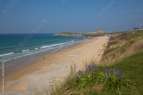 Newquay Cornwall Fistral beach with flowers one of the best surfing beaches in the south west UK photo