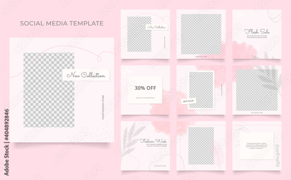 social media template banner blog fashion sale promotion. fully editable instagram and facebook square post frame puzzle organic sale poster. red pink vector watercolor background