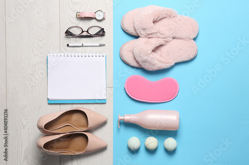 Flat lay composition with business items and home accessories on color background. Concept of balance between work and life