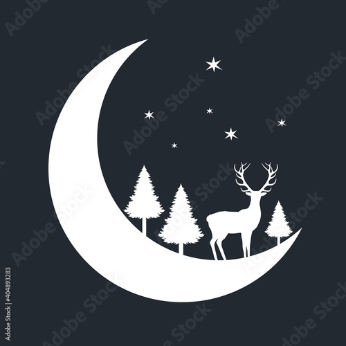 Silhouette of a deer on a crescent moon at night