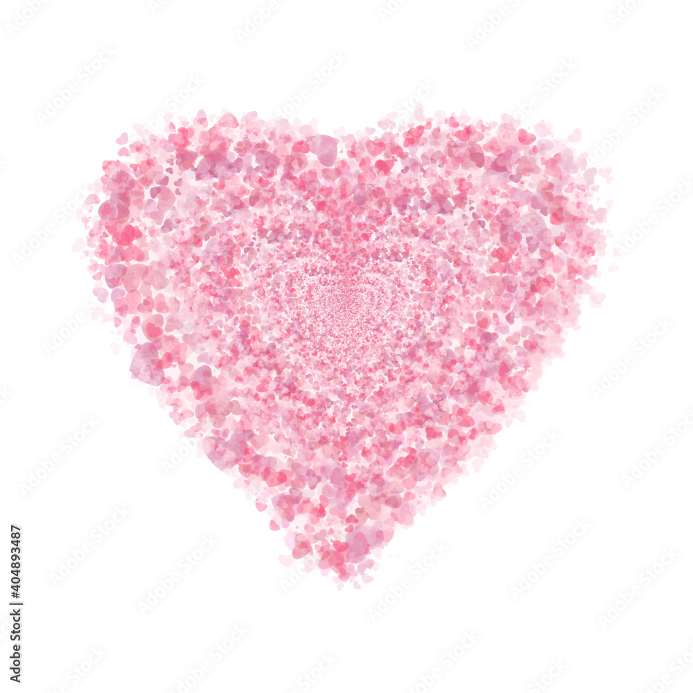 Heart made of pink petals on white background.