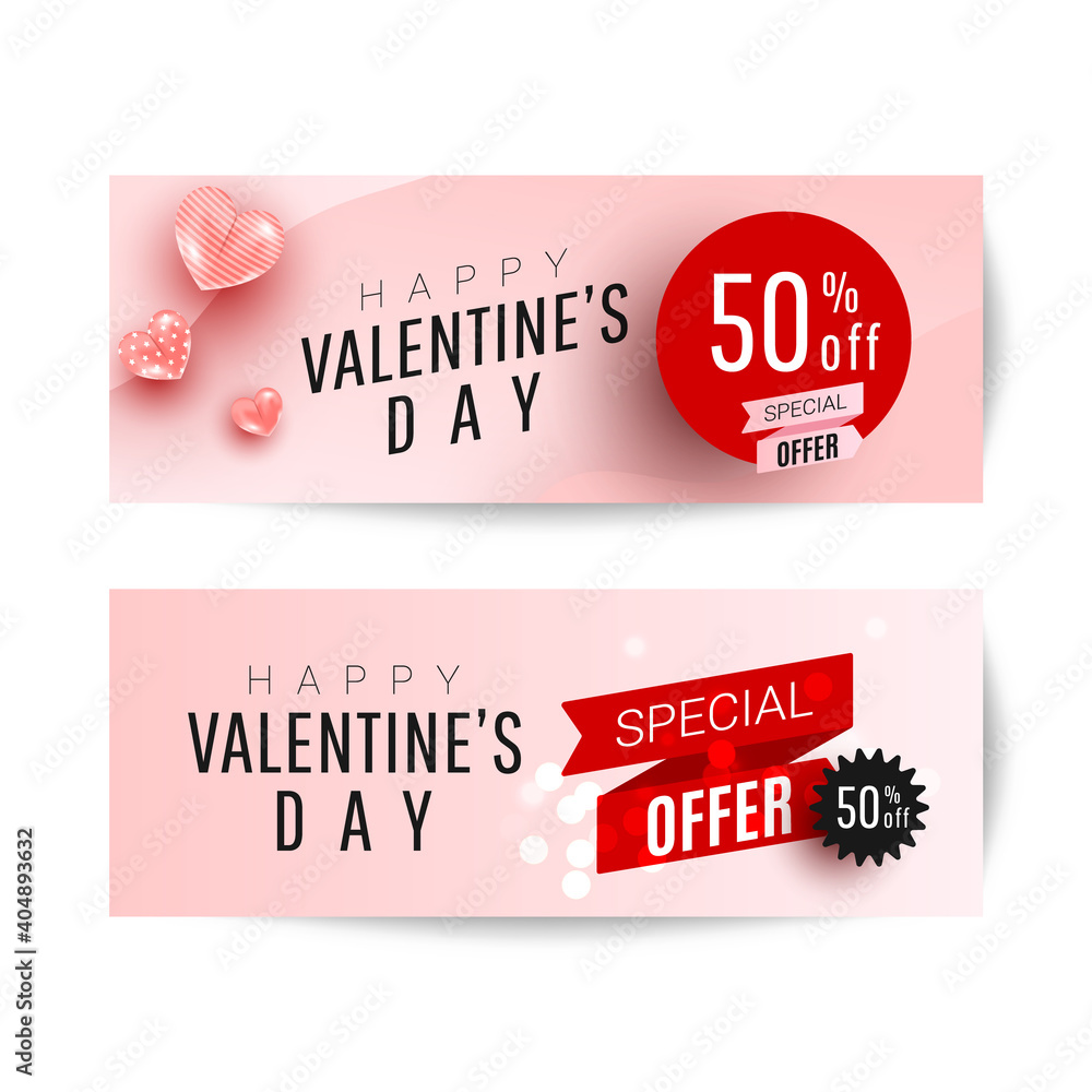 Φωτογραφία Beautiful stylish Valentines day sale background design set with 3d air love shapes decor on pink background with greeting text