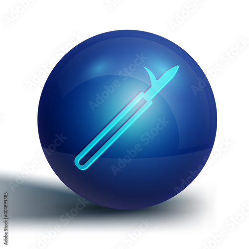 Blue Metal pike pole with wooden handle icon isolated on white background. Spear, pickaxe, hook hand extinguishing instrument and tool for fireman. Blue circle button. Vector.