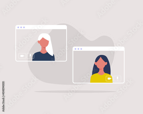 Video call, online meetup, social distancing. Two person having an online conference, discussing business from their home. Online job interview or studying  or teaching concept. Vector illustration