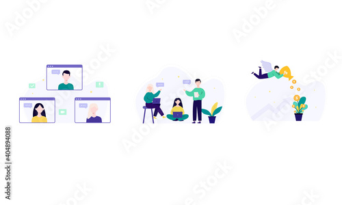 Business startup and communication concept colorful vector illustration set. Online meetup, startup community, investor metaphor.