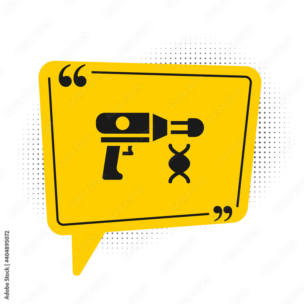 Black Transfer liquid gun in biological laborator icon isolated on white background. Yellow speech bubble symbol. Vector. Black Transfer liquid gun in biological laborator icon isolated on white background. Yellow speech bubble symbol. Vector.