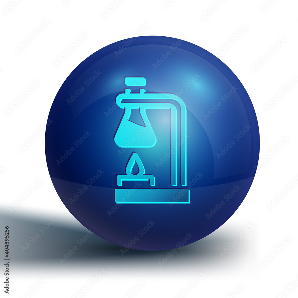 Blue Glass test tube flask on fire heater experiment icon isolated on white background. Laboratory equipment. Blue circle button. Vector.