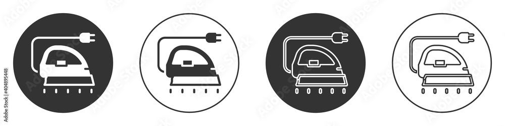 Black Electric iron icon isolated on white background. Steam iron. Circle button. Vector.