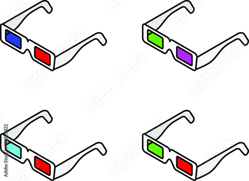 A set of four different anaglyph 3D glasses.