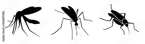 Set of black mosquitoes on white background, banner design. Illustration