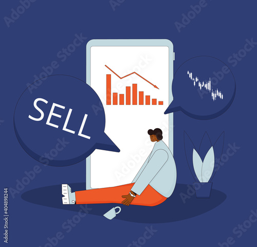 Stock market crash. Investor lost money. Upsetyoung shareholder sitting on the floor with graph fall down at phone screen. Bankrupt. global economic and financial crisis. Vector illustration