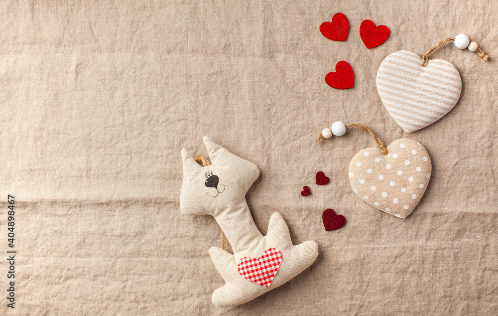 Flatlay hearts on a linen tablecloth. Valentine's Day background. Copy space. Flatlay hearts on a linen tablecloth. Valentine's Day background. Copy space.