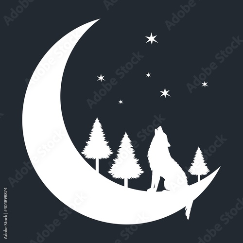 The silhouette of a wolf on a crescent moon sits and howls