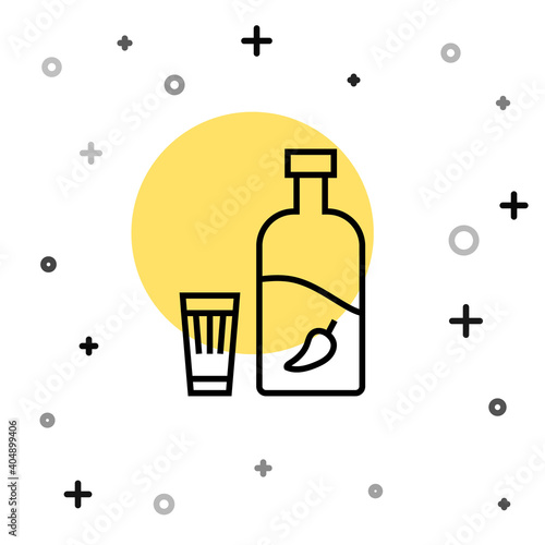 Black line Vodka with pepper and glass icon isolated on white background. Ukrainian national alcohol. Random dynamic shapes. Vector Illustration.