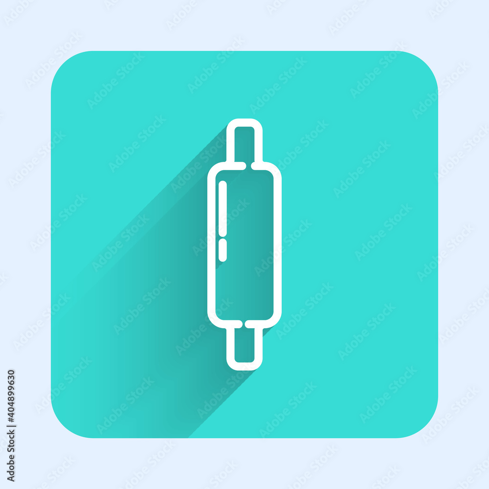 White line Rolling pin icon isolated with long shadow. Green square button. Vector Illustration. White line Rolling pin icon isolated with long shadow. Green square button. Vector Illustration.
