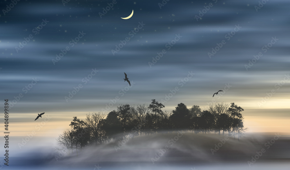 Fototapeta 3D illustration. Forest on a hill covered with fog.
