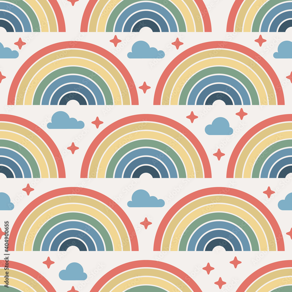 Vector seamless pattern with rainbows, clouds isolated on the light background. Travel concept. Peaceful, cute children background Vector seamless pattern with rainbows, clouds isolated on the light background. Travel concept. Peaceful, cute children background