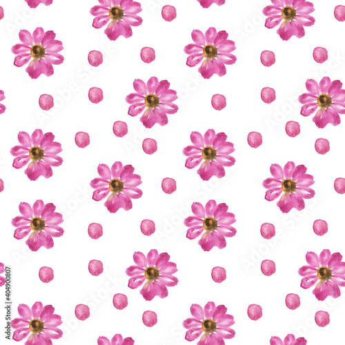 Seamless pattern of pink abstract watercolor flowers and dots on white background. Hand drawing repeat texture perfect for floral digital paper of blooming wallpaper.