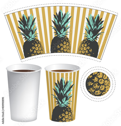Vector paper Cup template for hot drinks. Disposable cup for tea, coffee and other beverages with pineapples on a striped background