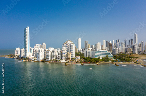 The modern Skyline and luxury hotel resort of Cartagena de Indians in Colombia on the Caribbean coast of South America aerial view © ronedya