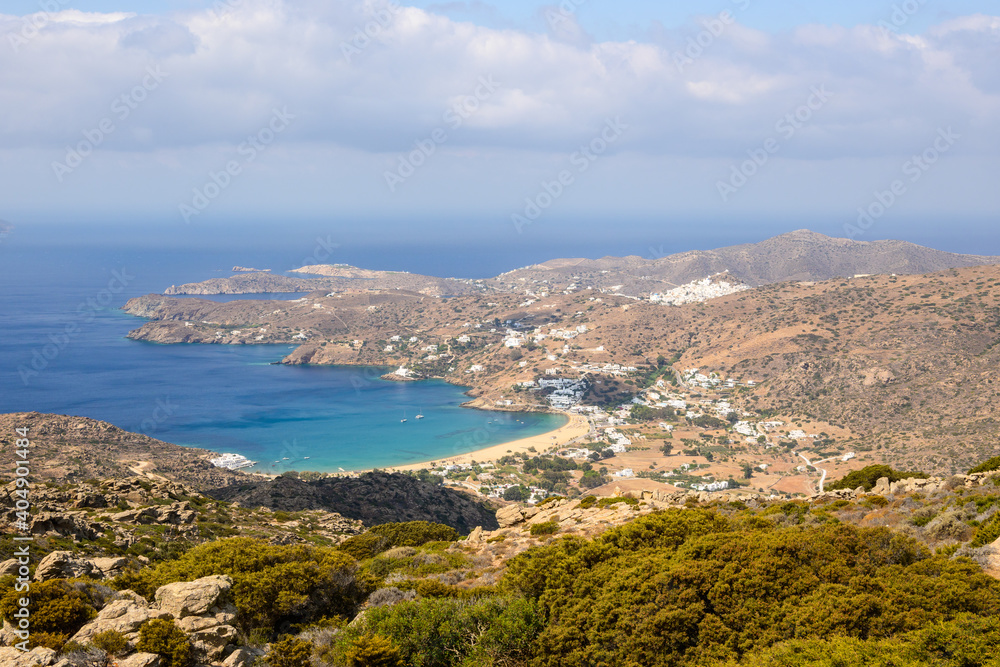 West coast of Ios and Mylopotas Bay with its popular beach. Cyclades, Greece