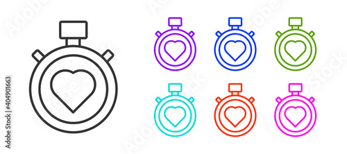 Black line Heart in the center stopwatch icon isolated on white background. Valentines day. Set icons colorful. Vector.