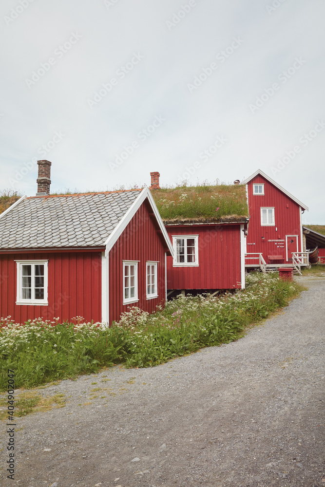 Case rosse tipiche alle isole Lofoten con erba sul tetto Case rosse tipiche alle isole Lofoten con erba sul tetto