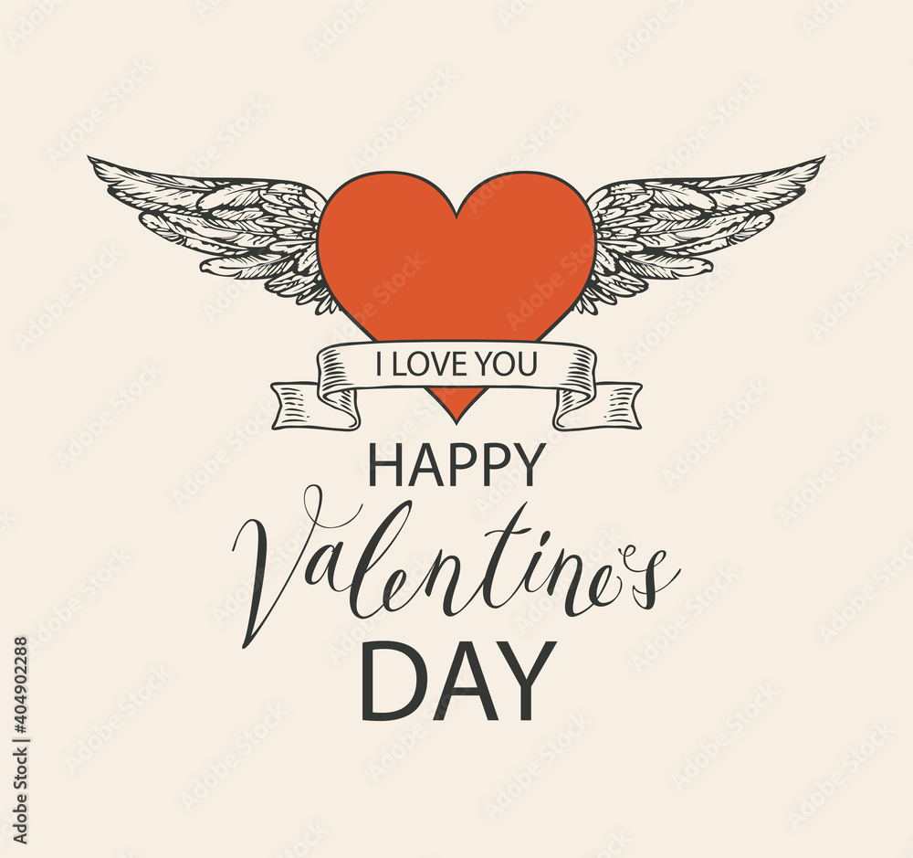 Φωτογραφία Valentine card or postcard with red heart, hand-drawn wings and ribbon
