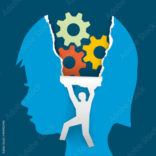 Child psychology, psychological examination concept.
Little child head in profile with gear and male silhouette ripping paper background. Vector available.