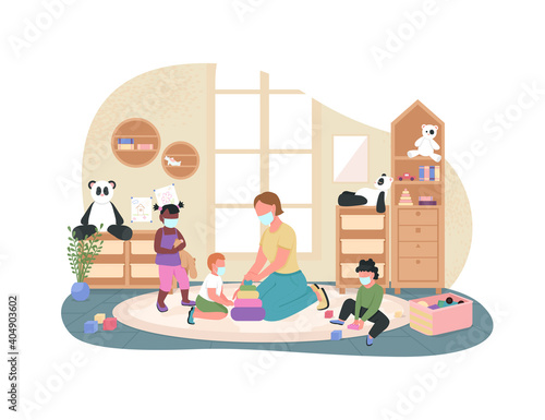 New normal in kindergarten 2D vector web banner, poster. Teacher and kids with face, medical mask flat characters on cartoon background. Preschool during covid printable patch, colorful web element