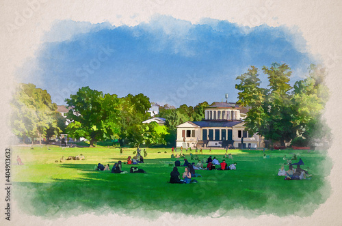 Watercolor drawing of Bonn: young people having rest on grass lawn of Hofgarten garden with Academic Art Museum building background