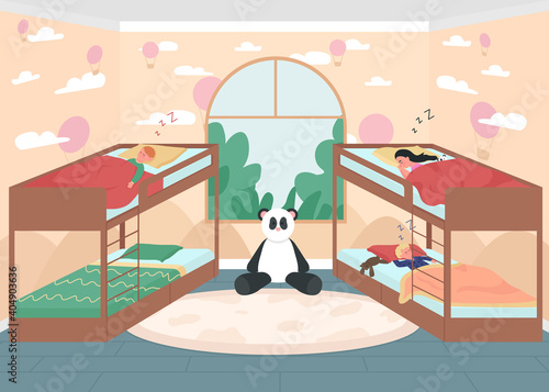 Kindergarten bed time flat color vector illustration. Preschool childcare. Daytime naptime for children. Boys and girl in bunk beds. Sleeping kids 2D cartoon characters with window on background