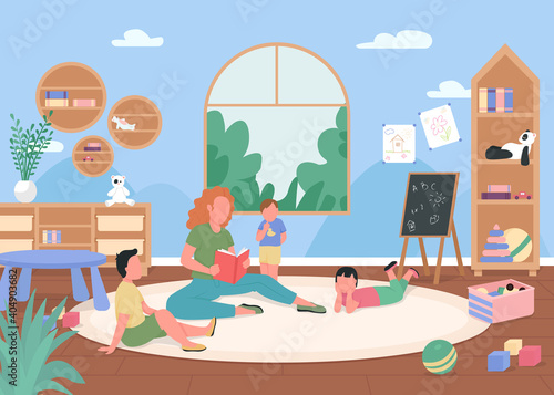 Kindergarten playroom flat color vector illustration. Primary grade tutor read to listening kids. Preschool teacher with children 2D cartoon characters with classroom interior on background