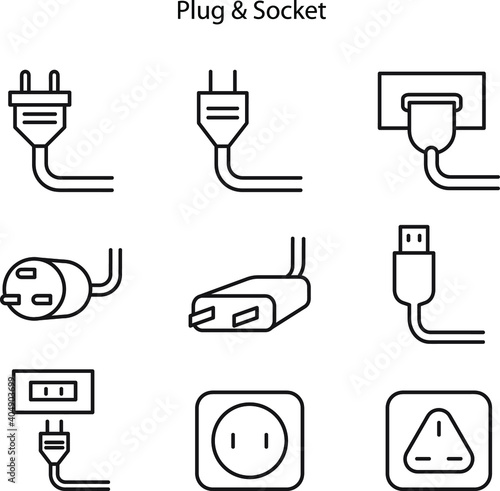 set of Electric plug and socket disconnect. Concept of 404 error connection. Electric plug and outlet socket unplugged flat icon for page. Circuit of plug connect off, cable of energy disconnect.