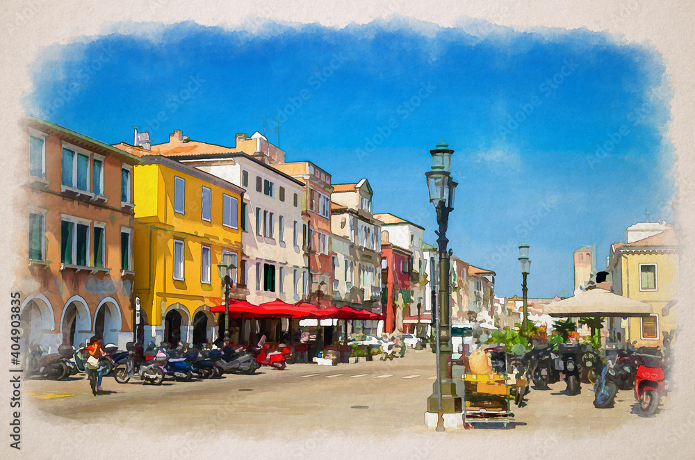 Watercolor drawing of Chioggia: row of colorful multicolored buildings, parking bikes and scooters on main street in historical town centre