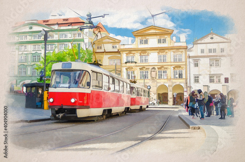 Watercolor drawing of Prague: Typical old retro vintage tram on tracks near tram stop in the streets of Prague city in Lesser Town Mala Strana district