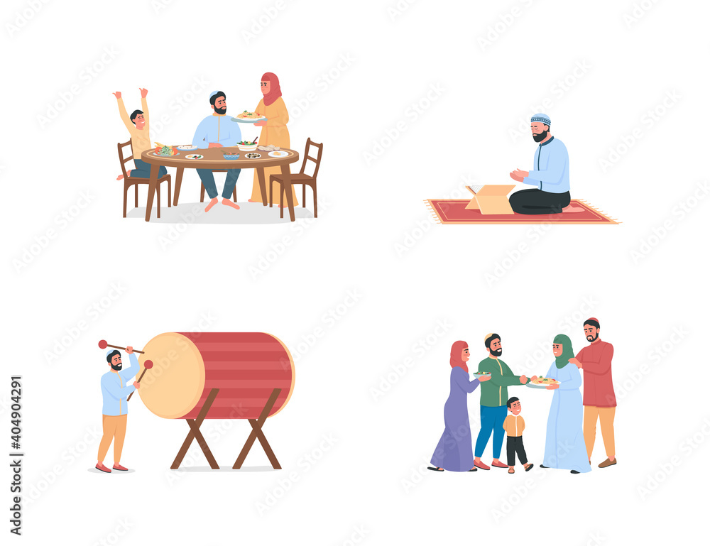 Happy arabian people on ramadan flat color vector faceless character. Muslim tradition. Religious holiday celebration isolated cartoon illustration for web graphic design and animation