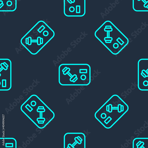 Green line Fitness club, gym card icon isolated seamless pattern on blue background. Vector.