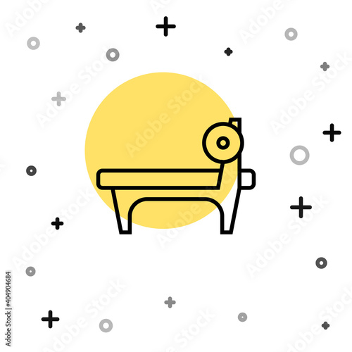 Black line Bench with barbel icon isolated on white background. Gym equipment. Bodybuilding, powerlifting, fitness concept. Random dynamic shapes. Vector.