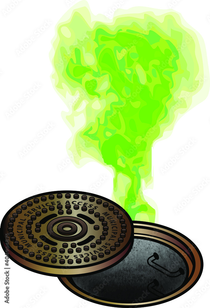 Ταπετσαρία An open manhole with steps leading down and green smell rising out of it