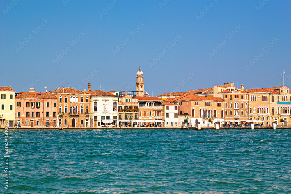 View on Venice embankment from Venetian lagoon, Italy