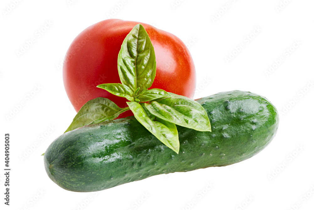 Fotografie Cucumber, tomato and basil isolated on white